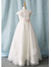 Cap Sleeves Ivory Lace Tulle Floor Length Flower Girl Dress